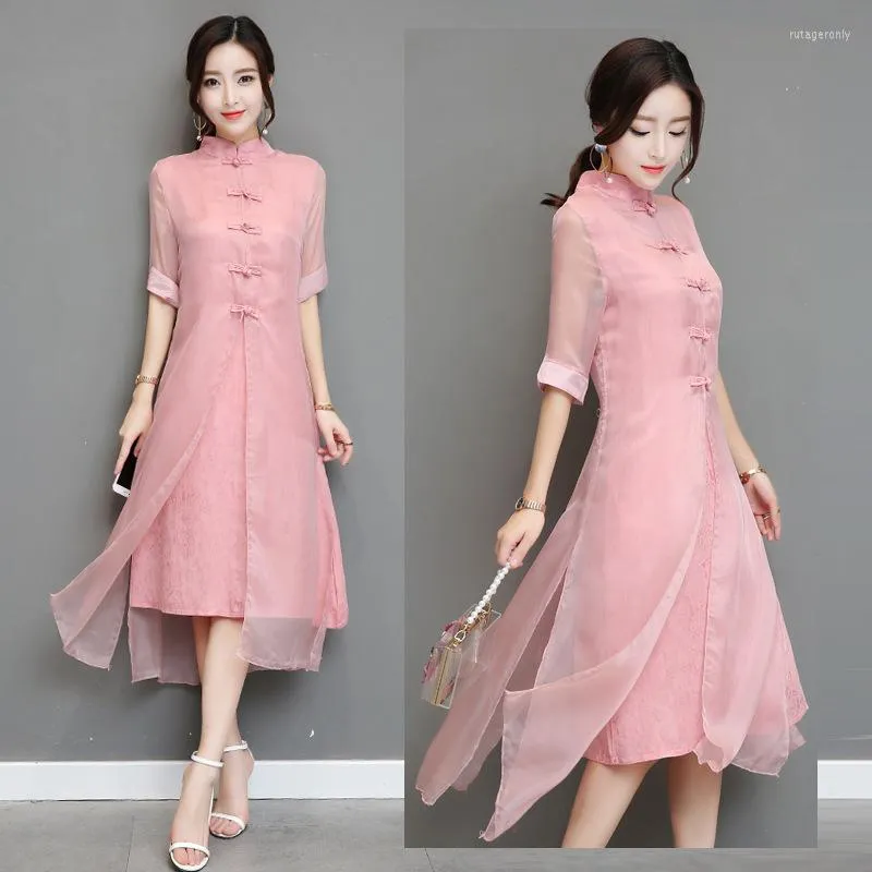 Etniska kläder cheongsam qipao vår sommar kinesisk traditionell klänning kvinnlig banqute sexig oriental vietnam rosa ta1251