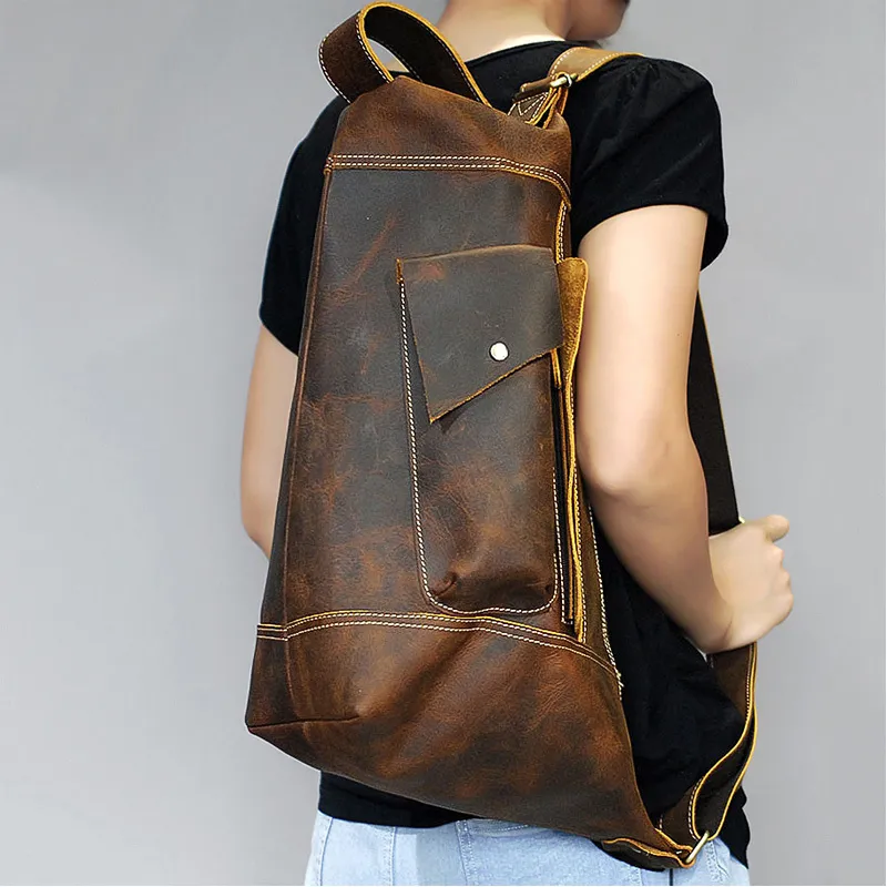 学校のバッグマヘウは、男性の本物の革のバックパッククレイジーホースレザーデイパック旅行バッグ男性ラップトップバグパックユニークなバグパック230309