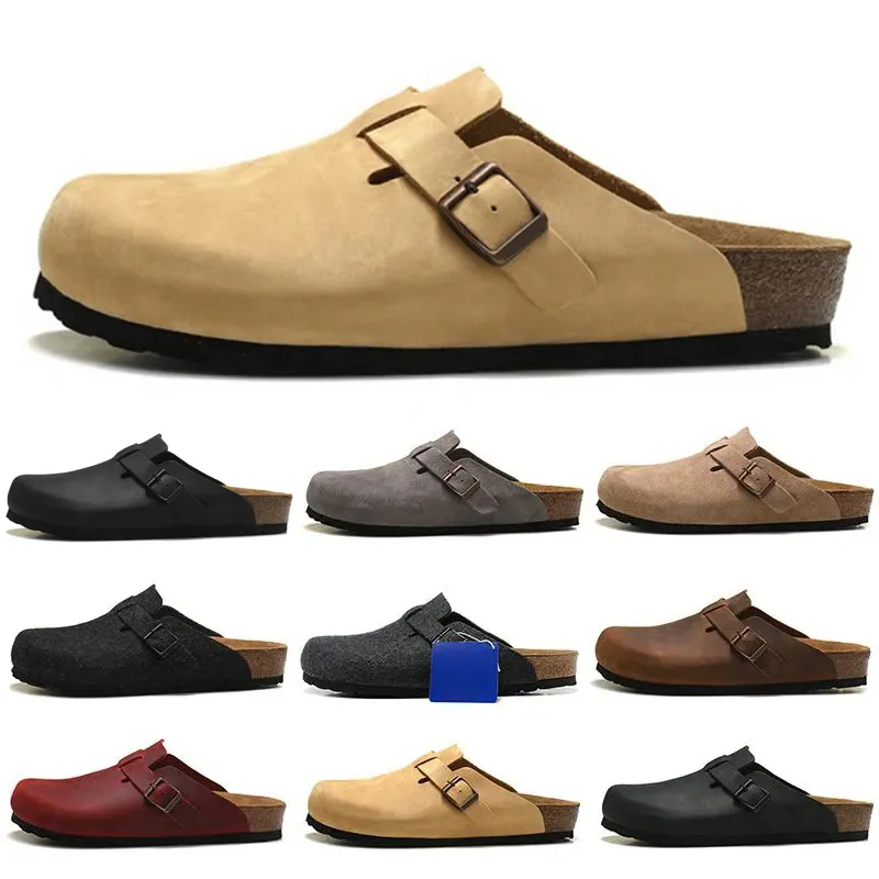 Boston CLOG Män kvinnor Designer Birks Sandaler tofflor Läder Bag Head Pull Cork Flats Mules Woody Loafers Män Kvinnor Täppar Sandaler Sandaler Bruna svarta glider Sliders