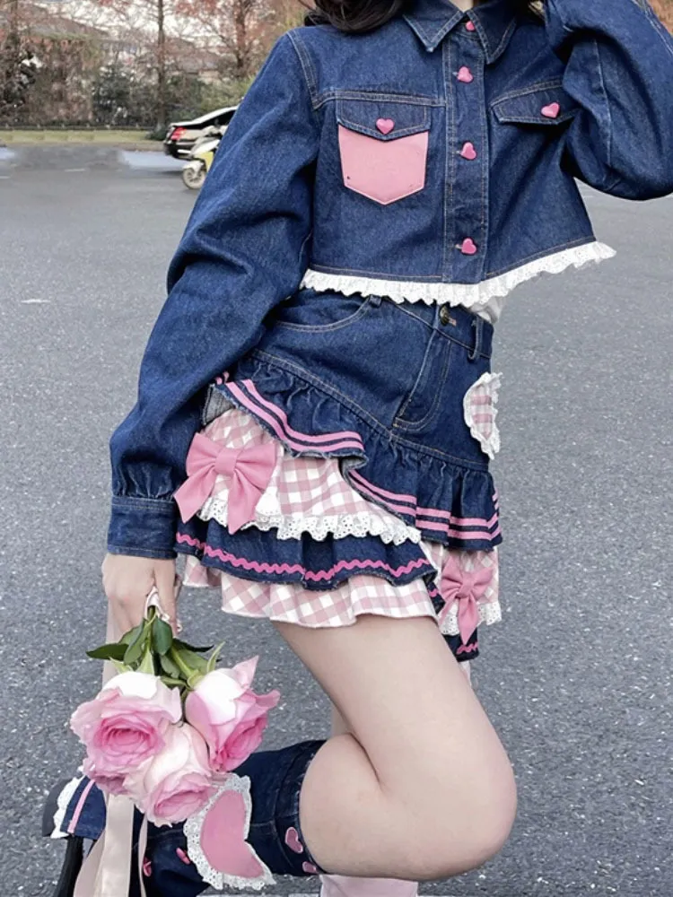 Skirts Sweet Lolita Mini Denim Skirts Women Gothic Lace Plaid Hearts Ruffles Jk Skirt Japanese Girls Sexy Y2k Punk Tiered Skirt 230308