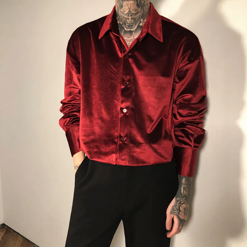 Mäns casual skjortor sammet röda lyxkläder för mens burgundy velor skjortor herr retro elegant plysch blus svart herr skjortor ovanlig festklubb 230308