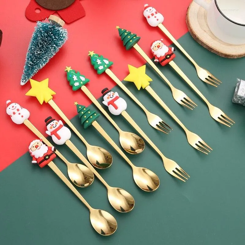 Dinnerware Sets 2PCS Christmas Gift Cutlery Spoon Fork Set Elk Tree Decoration Dessert