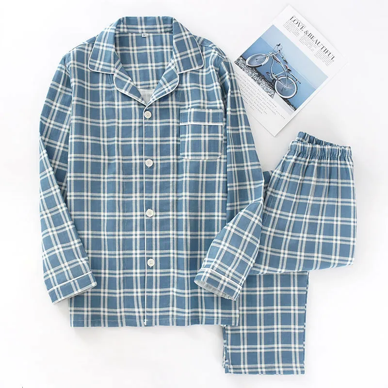 Men's Sleepwear Spring and autumn mens pajamas long-sleeved trousers cotton double gauze lattice large size suit home service men's pajamas suit 230308