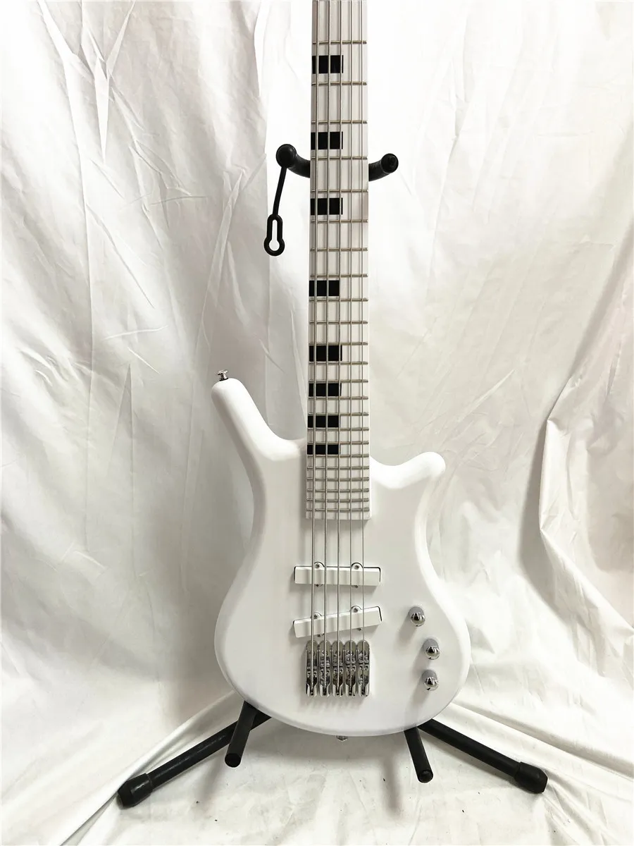 Niestandardowy biały 5 -strunowy elektryczny gitara czarna krata inkruste Chrome Tremolo Bridge