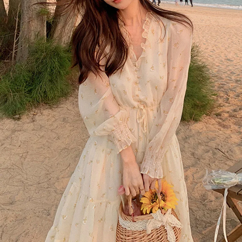 Elegant Beach Chiffon Floral Dress Casual Women 2023 Summer V-Neck