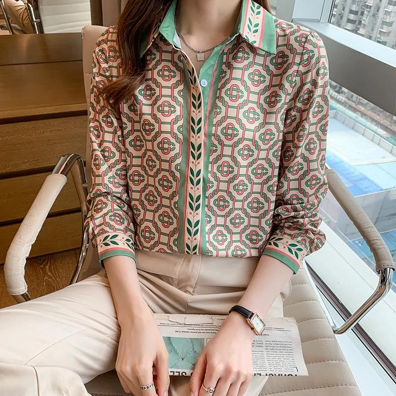 Women's Polos Printed Autumn Women Shirt Long Sleeve Elegant Office Ladies Work Wear Casual Female Blouse Tops Buttons Fashion 2023