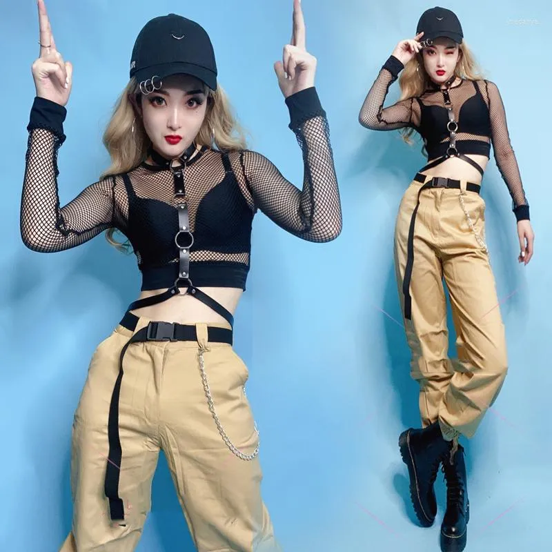 Scene Wear Hip Hop Costumes Female Jazz Performance Clothes Sexig Mesh Tops Trousers Street Dance Outfit Women Modern DNV13256