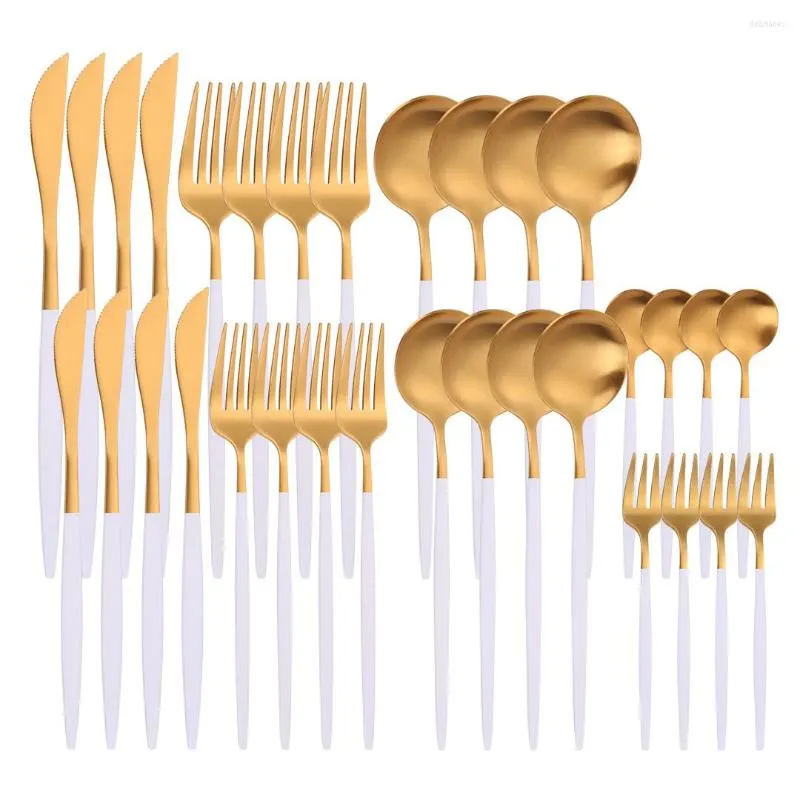 Servis uppsättningar matt rostfritt stål gyllene bestick set köksmiddag gaffel knivsked 32st vita guld bordsvaror