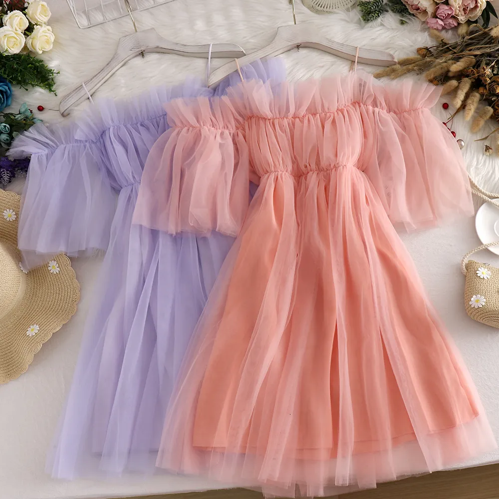 Casual Dresses Sweet Fairy Off Shoulders Gaze Spliced ​​Ruffles Dress Strapless Mesh Gaze Spliced ​​Pleated Vintage Dress Aline Vestidos 230309