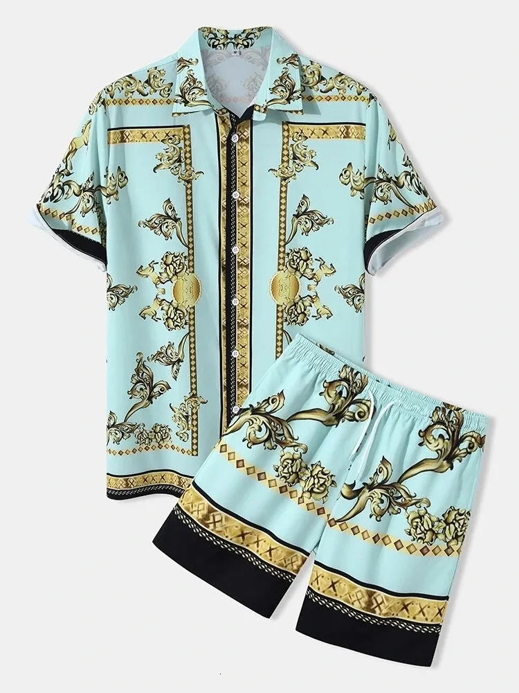 Heren trainingspakken luxe barokke print korte mouw trekkoord tweedelige outfits strandkleding heren Hawaiiaanse shirts en shorts 230308