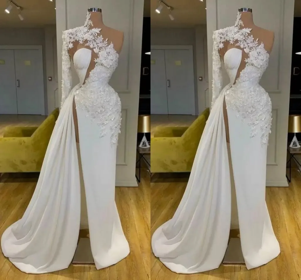 Nouveau Sexy Sirène Robe De Mariée Une Épaule Haut Côté Split Dentelle Appliques Fleurs Balayage Train Plus La Taille Formelle Robes De Mariée Robe De Mariee