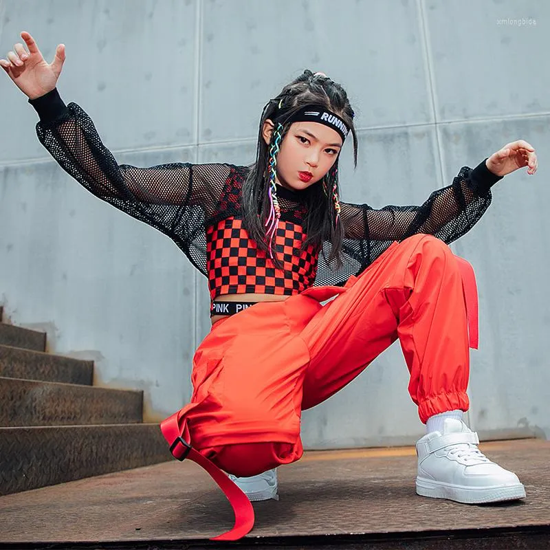 Vêtements de danse Hip Hop pour filles, gilet en treillis rouge, hauts en filet, pantalons cargo pour enfants, vêtements hip-hop de rue, tenue de spectacle de Jazz