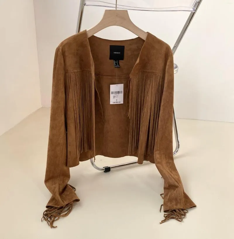 Vestes pour femmes Mode européenne O-cou à manches longues en cuir suédé Gland Fringe Veste courte Manteau SM