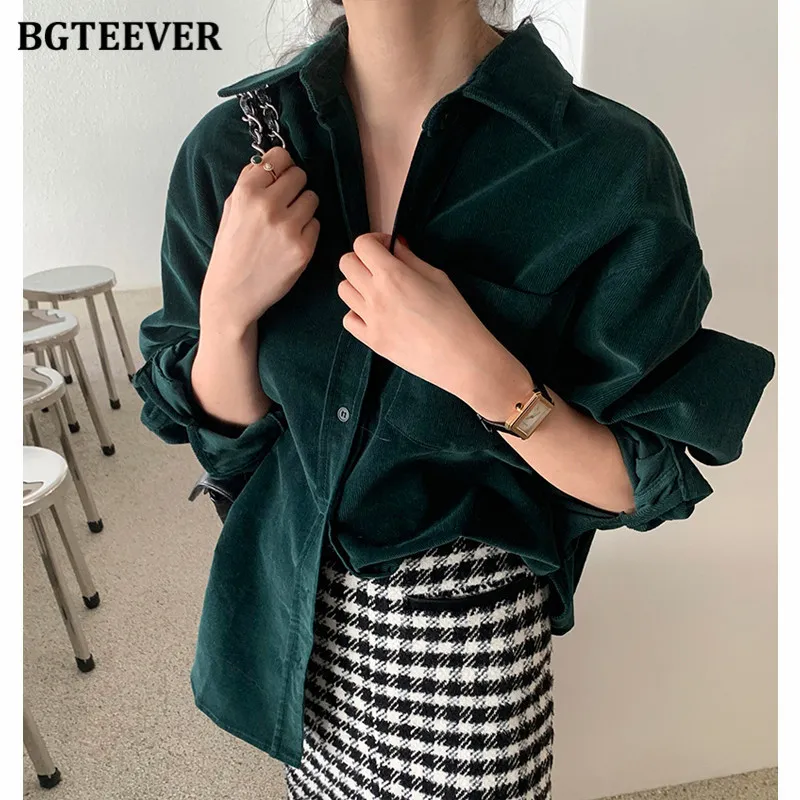 Women's Blouses Shirts BGTEEVER Vintage Thick Ladies Turn-down Collar Corduroy Shirts Long Sleeve Pocket Female Blouses Tops Women Elegant Loose Blusas 230309