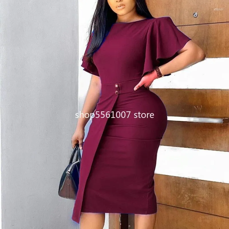 Casual Kleider Frauen Elegante Bodycon Knielangen Büro Damen Modest Elastische Vestidos Wein Rot Blau Paket Hüfte Roben