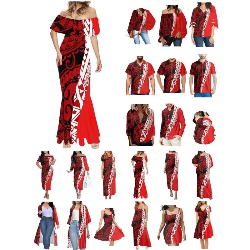 Casual Dresses Polynesian Tonga Hawaii Fiji Guam Samoa Pohnpei Tribal Tattoo Red Prints Couple Clothes Suits Women Dress Matching Men Shirt