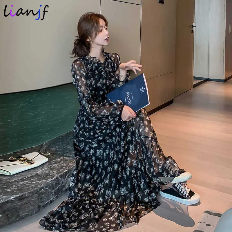 Casual Dresses Spring Summer Thin Section Floral Chiffon Lace Long Dress Vintage Black Boho For Women Fashion Sleeve Y2302