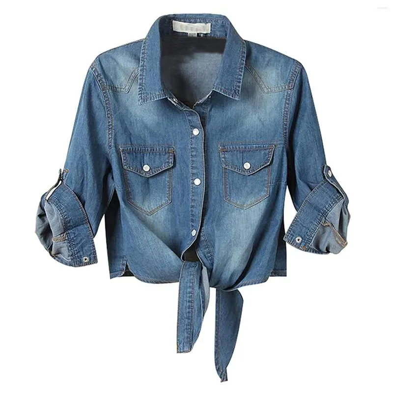 Kvinnors blusar eleganta denim blus kvinnors kappa avslappnad 3/4 ärmknapp ner skörd jean topp knut skjorta jacka blusas mujer