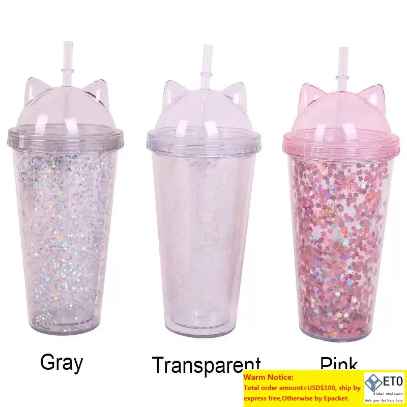 Katze Ohr Blinkende Doppelschicht Tasse Niedlichen Cartoon Kreative Plastikbecher Tumbler Pailletten Saft Weinflasche Mit Stroh Geschenk Tasse 3 Farben