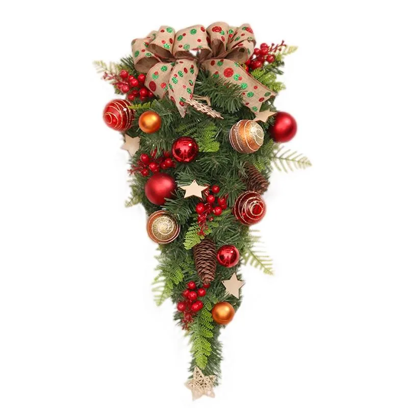 装飾的な花の花輪23.6インチファームハウス人工クリスマスティアドロップスワッグドア装飾屋内松ぼっくり