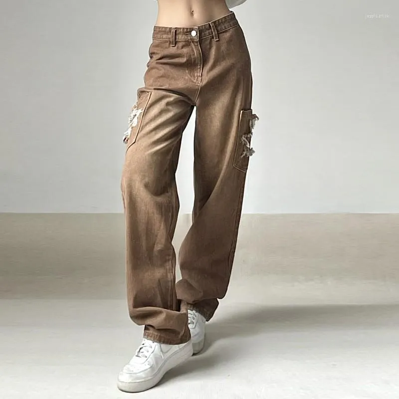 Women's Jeans Brown For Women Washed Retro Low Waist Straight Pants Loose Wide Leg Trousers Streetwear Cargo