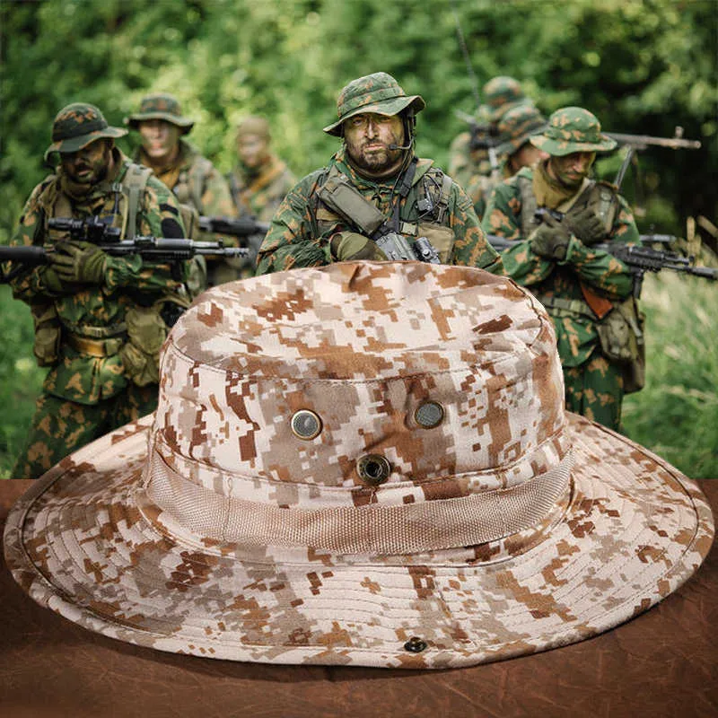 Wide Brim Hats Multicam Boonie Hat Military Camouflage Tactical Cap Bucket Hats Army Sports Hunting Outdoor Hiking Fishing Sun Protector Cap R230308