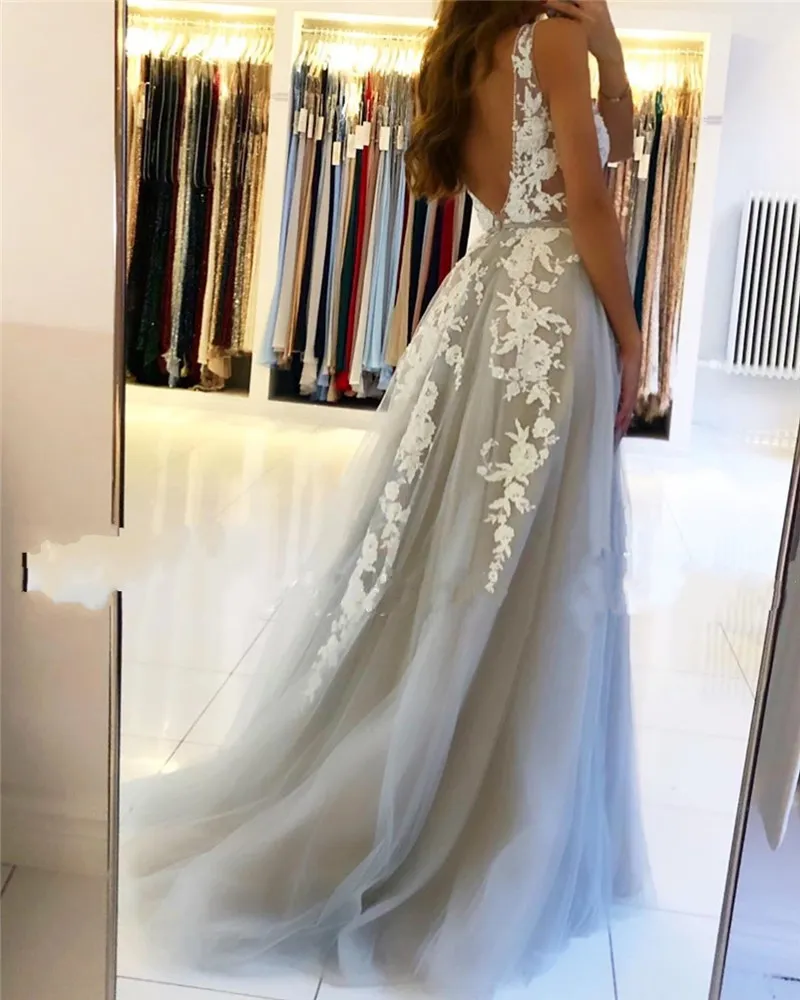 Gray Prom Dresses 2023 New Sexy A Line Backless V Neck Appliques Tulle Long Evening Gowns Custom Made Bridesmaid Dress BC15346