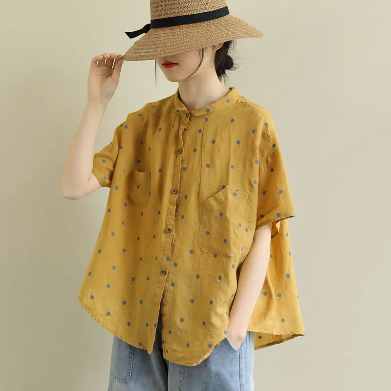 Kvinnors blusar skjortor Summer Arts Style Women Short Sleeve Loose Polka Dot Shirts All-Matched Casual Turn-Down Collar Vintage Bluses S891 230309