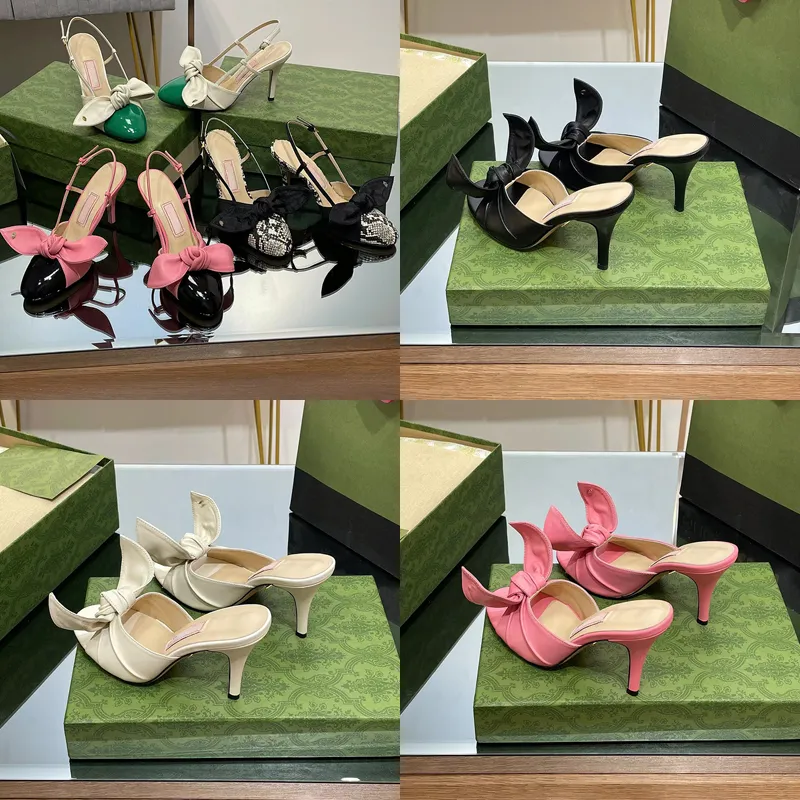 2023 diseñador de lujo Sexy Bow sandalias de tacón G familia para mujer 100% cuero Negro / blanco / verde / rosa Color empalmado Hebilla de metal zapato ladys Strappy Back sandalia ahuecada