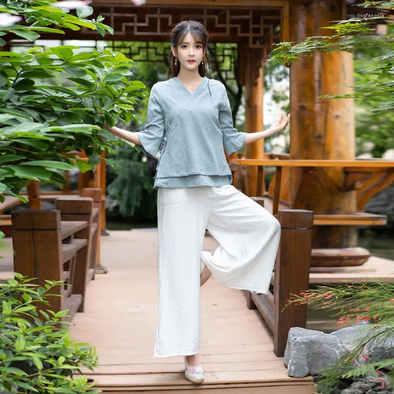 Ensembles actifs femmes ensemble de Yoga méditation traditionnelle chinoise Tai Chi uniformes lin pantalons à jambes larges chemises Arts martiaux vêtements décontractés