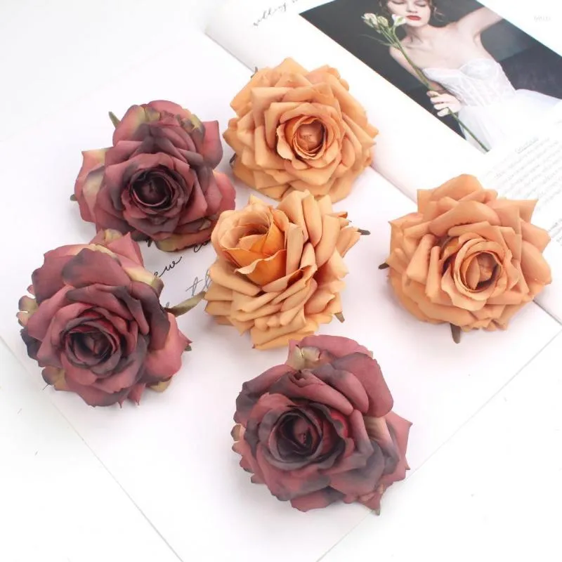 Fleurs décoratives 10pcs Rose Shape Artificial Flower Head Polyester Anti-Agge Polyester accessoires Fake Home Decor