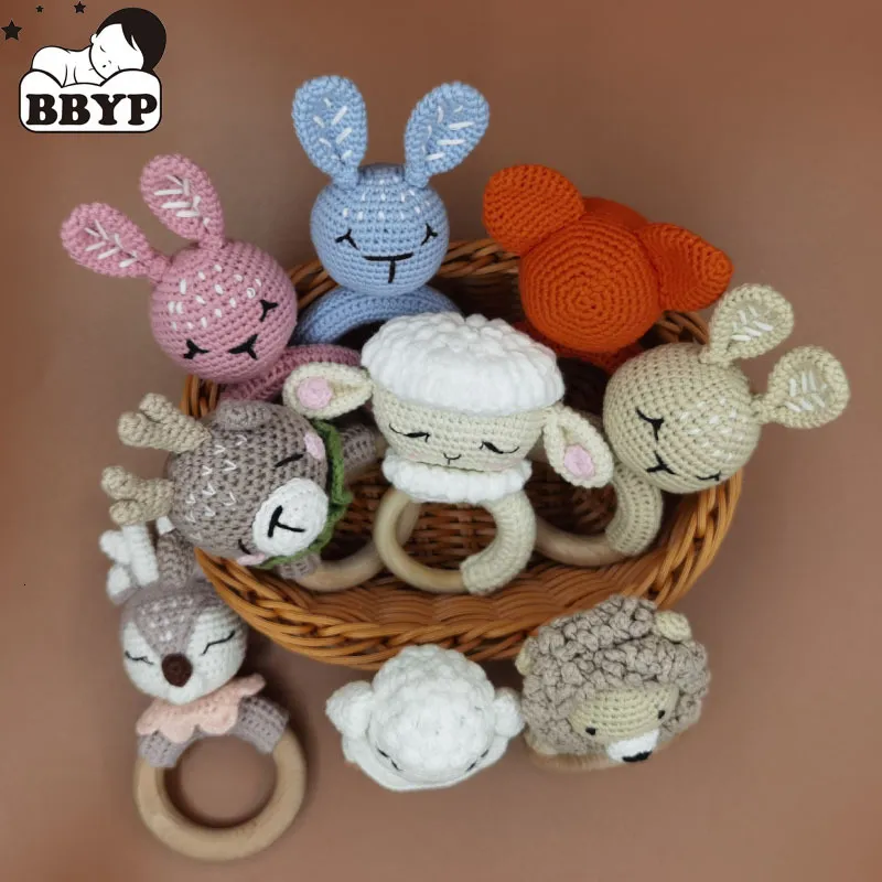 Rattles Mobiles BPA gratis Baby Wood Teether Diy Crochet Deer Får Rattle Född gnagare Tandring Ring Gym Education Toys for Children Barn 230309