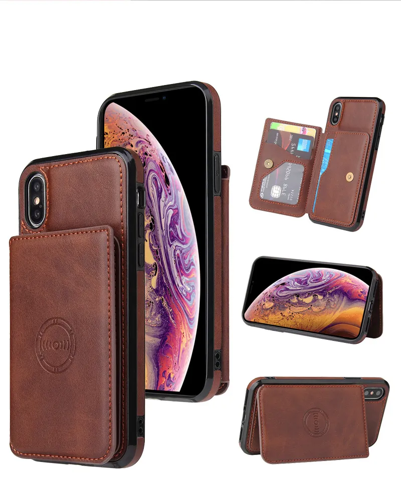 Clamshell وظيفية Kickstand Pu Leather Phone Factions for iPhone 14 13 12 11 Pro Max XR XS Max X 8 7 6 Plus مع عمل معدني غير مرئي مع حامل Megnetic Car Mount