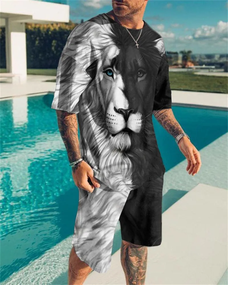 Мужские спортивные костюмы Мужская спортивная одежда из двух предметов Черно-белая футболка с 3D-принтом льва Костюм Уличный повседневный мужской мужской комплект из двух частей большого размера с футболками 230309