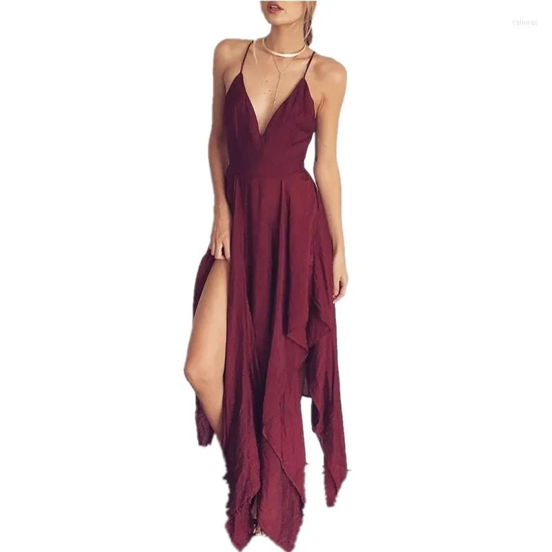 Abiti casual Abbigliamento donna 2023 Abito formale sexy Elegante fionda bordeaux Rosso Lungo Halter Senza maniche Chiffon Spacco irregolare Sukienka