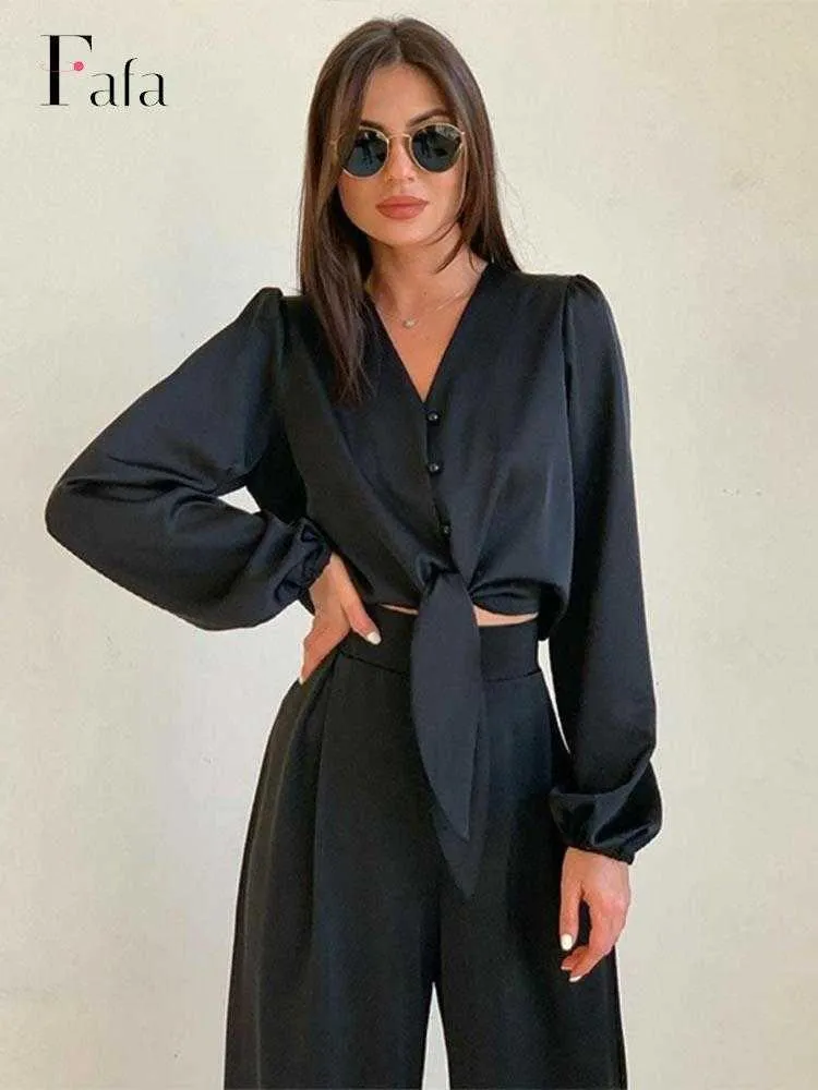 Women's Tracksuits Women Black Satin Pants Set Fashion V-Neck Long Sleeve Blouse Matching Wide Leg Trousers Suit Casual Loose Two Piece Sets L230309