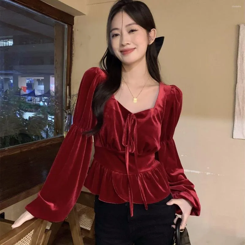 Women's Blouses 2023 Velvet Shirt Women Long Sleeve Lace Up High Sense Stylish Versatile