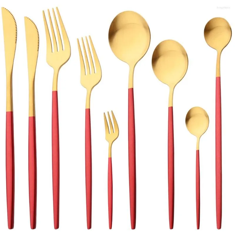 Dinnerware Sets Drmfiy Matte Red Gold Tableware Stainless Steel Set Cutlery Cake Fork Long Spoon Silverware Kitchen Flatware