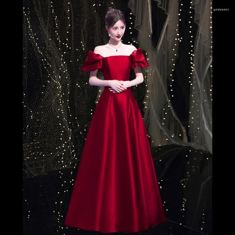 Elegant Burgundy Satin Off Shoulder A Line Dress For Prom Formal