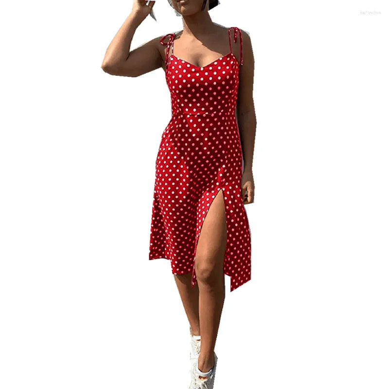 Casual Dresses Women Sexy Small Spaghetti Strap Lace Up Polka Dot Split Hem Backless Summer Streetwear Dress Girls Size For