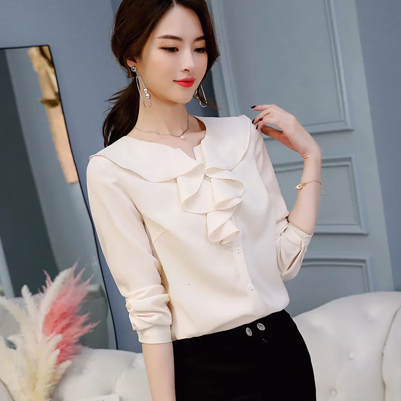 Bluzki damskie Koszulki koreańskie szyfonowe biuro damskie wiosna lato modny czysty kolor długi rękawowy cienki swobodny bluzka bluzka Kobiety H9112 230309