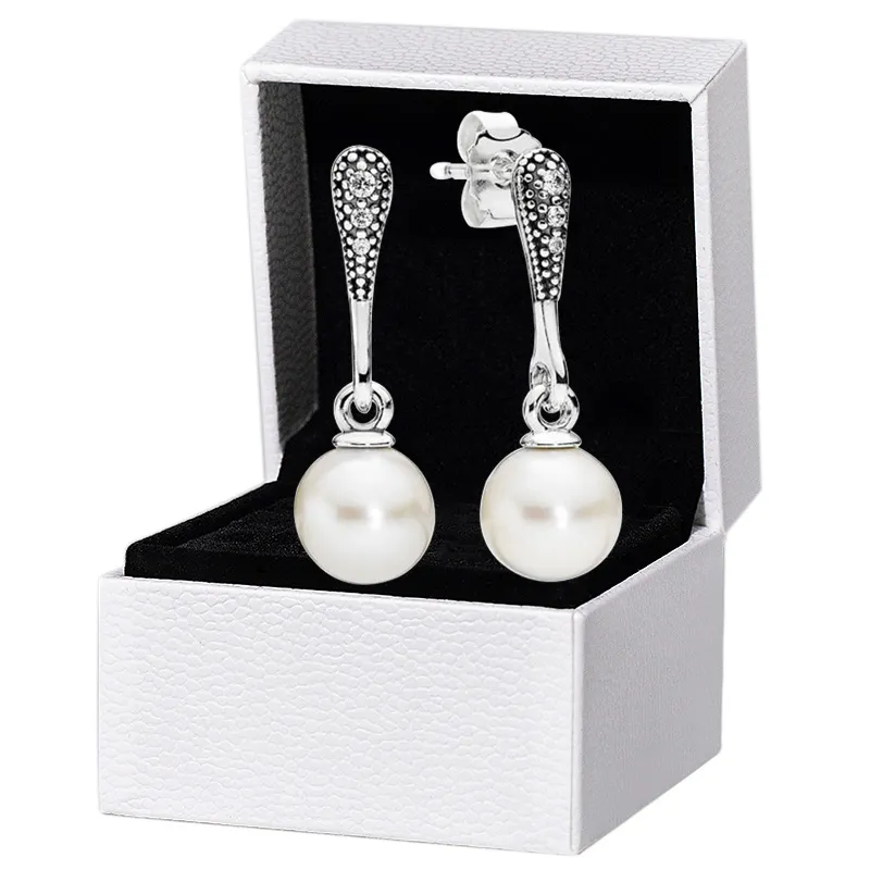 Boucles d'oreilles pendantes en perle blanche pour Pandora Bijoux de fête de mariage en argent sterling véritable pour les femmes Petite amie Cadeau Boucles d'oreilles de créateur de diamants CZ avec boîte d'origine