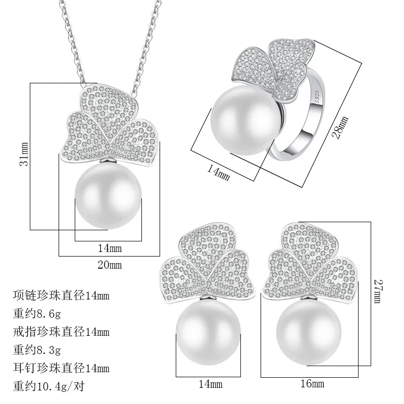 Set di gioielli con diamanti di perle di fiori 100% vero argento sterling 925 anelli di fidanzamento con anelli di nozze collana regalo di gioielli da donna