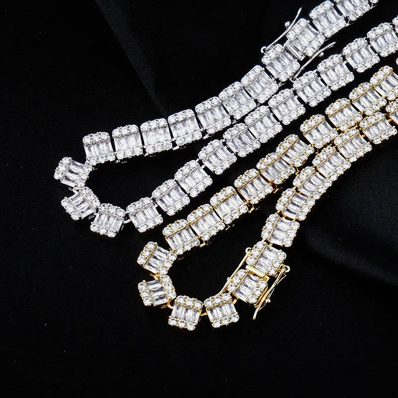 Chaînes unisexes pour hommes et femmes, plaqué or 18 carats, 10mm, 18/22 pouces, chaînes en pierre de diamant scintillant, colliers, bijoux Hip Hop