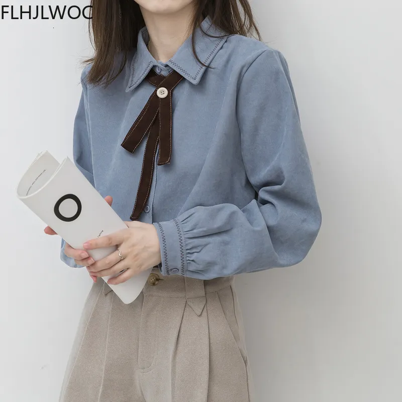 Kvinnors blusar Skjortor Spring Women's Chic Sweet Bow Tie Tops Preppy Style Vintage Japaneses Korea Designknapp Eleganta formella skjortor Blusar 230309