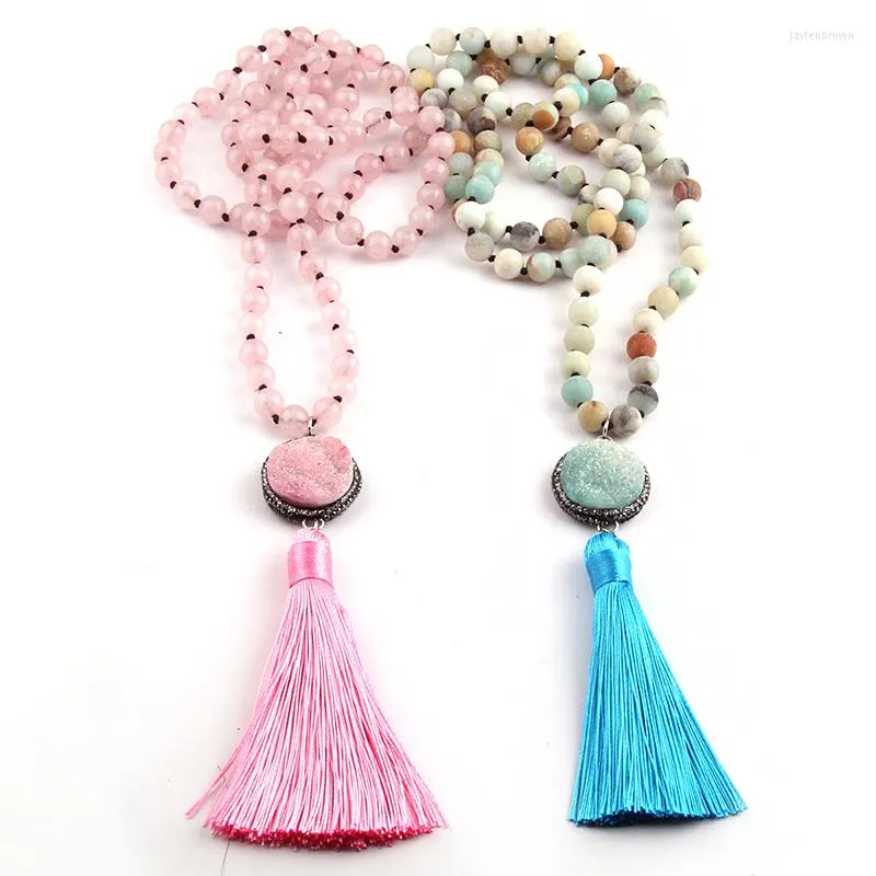 Pendentif Colliers Mode Rose Givré Amazonite Perles Noué Rond Pierre Cristal Pave Charme Bohème Bijoux Gland Collier