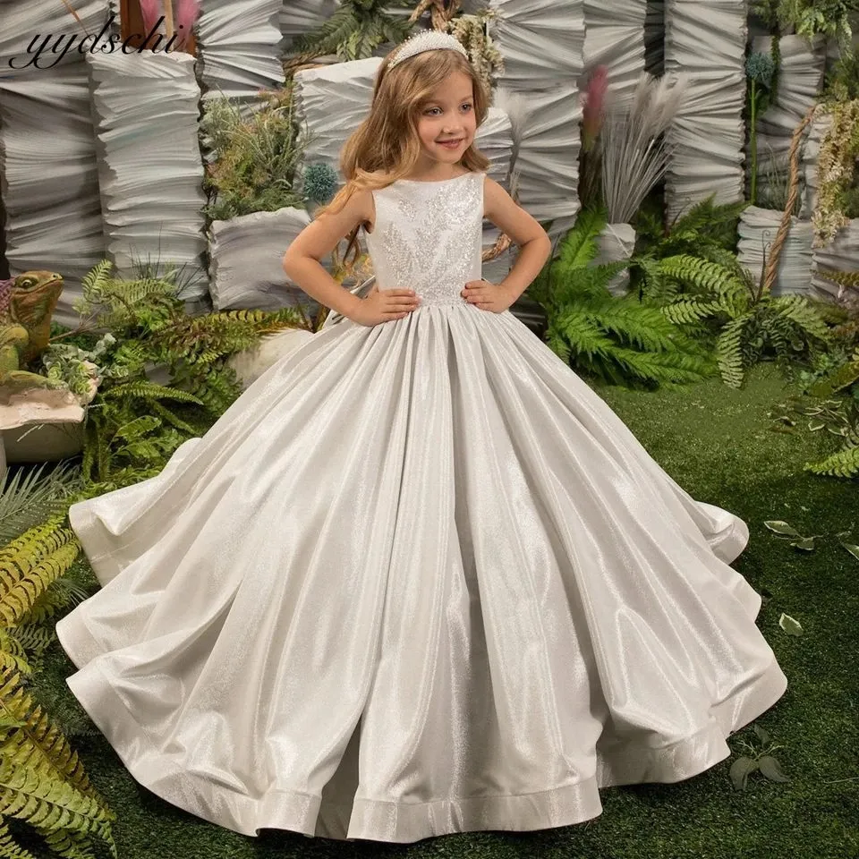 Vestidos de luxo prata sem mangas florista para casamento 2023 princesa glitter lantejoulas concurso vestidos de primeira comunhão com laço