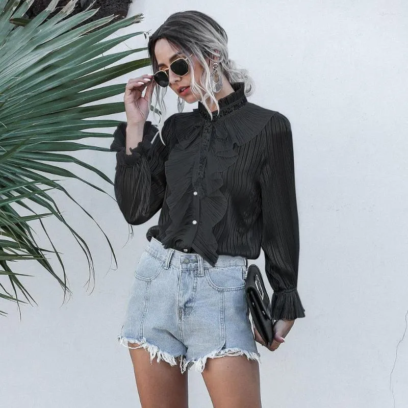 Blouses feminina Mulheres Ruffles elegantes Blusa Chiffon Blusa Vingant plissada P nó do nó de pescoço BLARE TOPS TOPS FEMANO SOLID CASUAL LACE UP