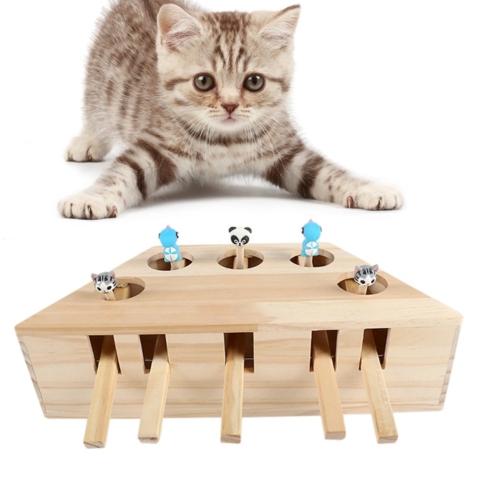 Chat Jouets Souris En Bois Massif Interactif Labyrinthe Pet Hit Hamster Avec Trois Cinq Trous Trou ch Bite nip Drôle 230309