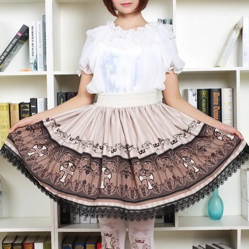 Etekler vintage kadınlar çapraz gotik lolita punk kısa pileli prenses kız etek kahverengi patchwork dantel etek etek zarafet bayan